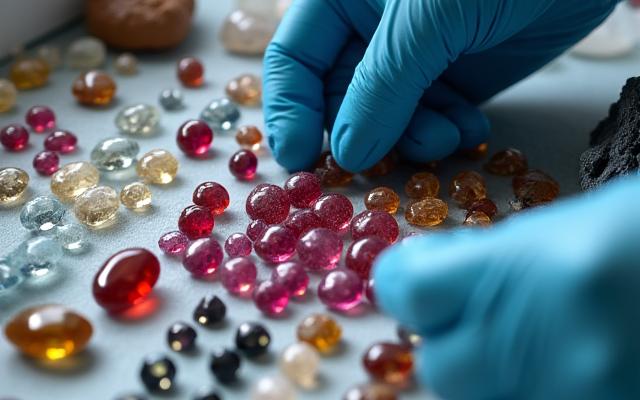 Gemas y minerales preciosos siendo clasificados para abastecimiento.